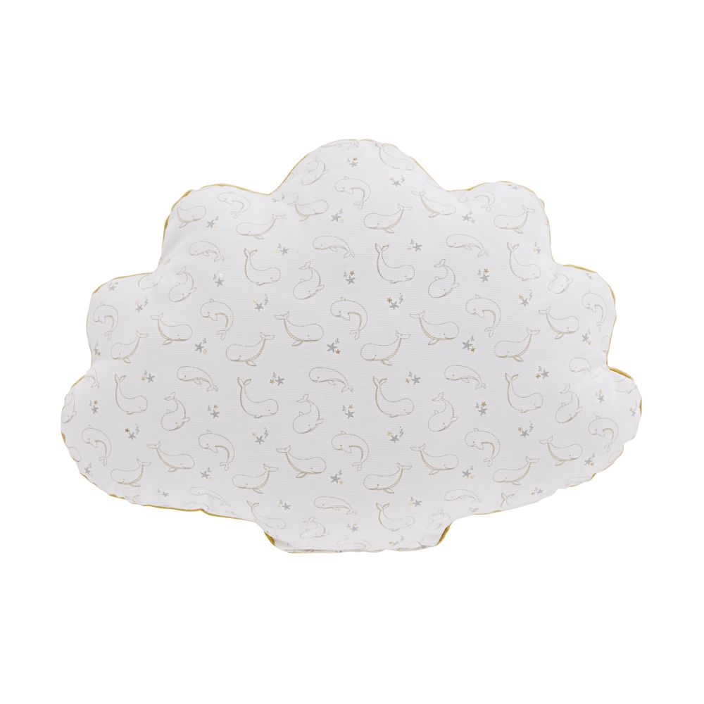 Coussin coquillage en velours de coton jaune et beige brodé et imprimé 40x30 (photo) Coussin coquillage en velours de coton jaune et beige brodé et imprimé 40x30