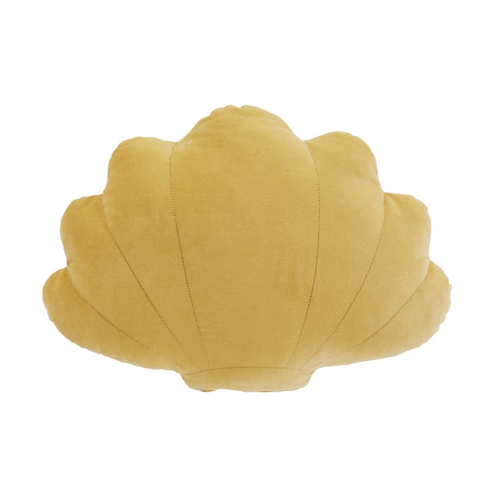 Coussin coquillage en velours de coton jaune et beige brodé et imprimé 40x30 Coussin coquillage en velours de coton jaune et beige brodé et imprimé 40x30