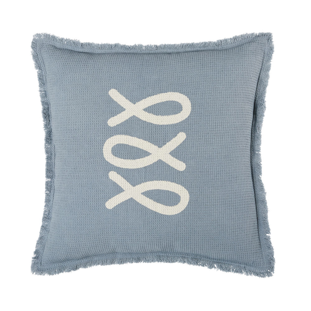 Coussin d'extérieur en coton gaufré bleu et écru à franges 45x45 Coussin d'extérieur en coton gaufré bleu et écru à franges 45x45