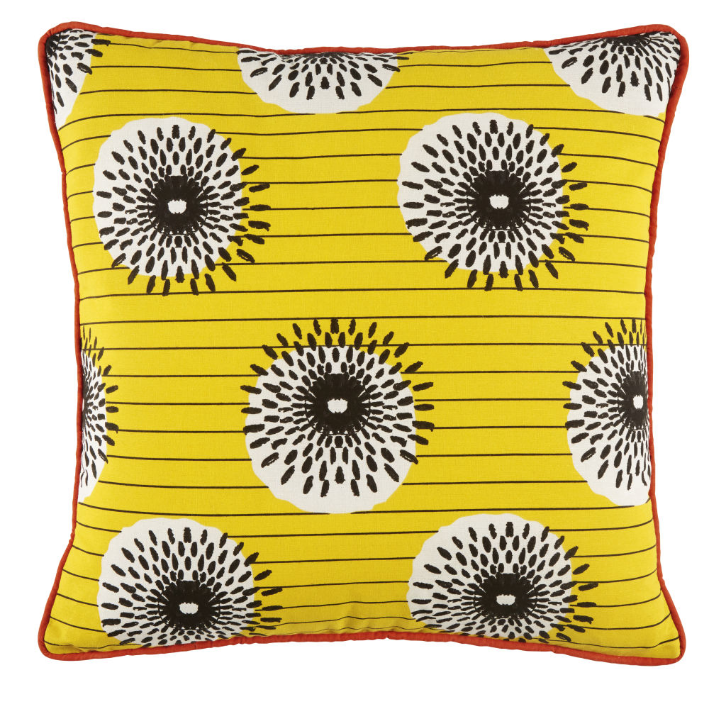 Coussin d'extérieur en coton jaune à motifs multicolores 45x45