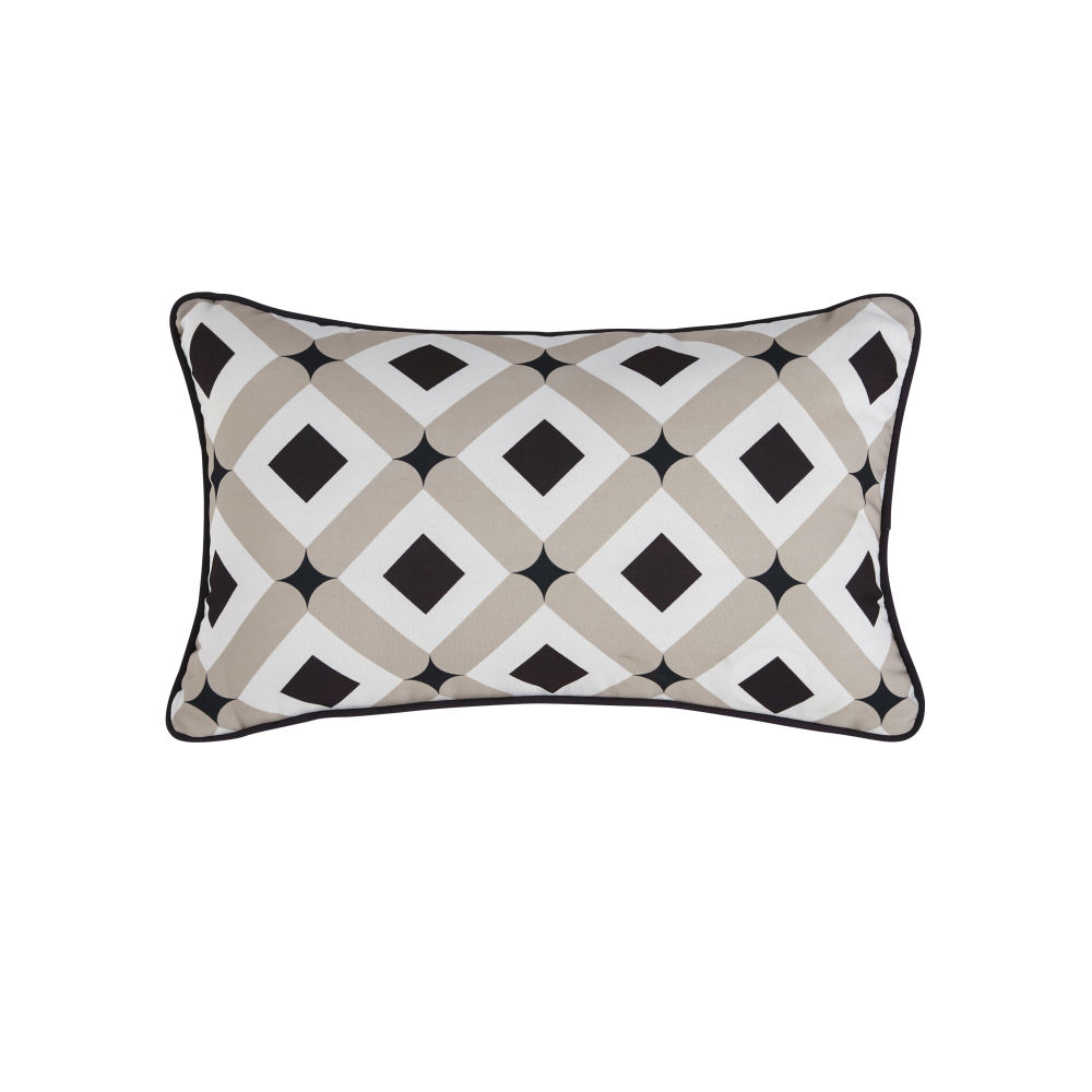 Coussin d'extérieur motifs géométriques taupe, écrus et noirs 30x50 Coussin d'extérieur motifs géométriques taupe, écrus et noirs 30x50