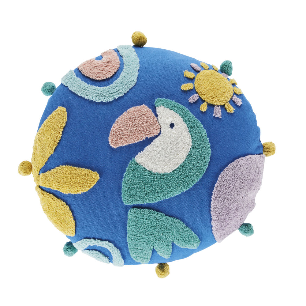 Coussin de sol enfant imprimé toucan bleu, rose, vert et jaune, D70