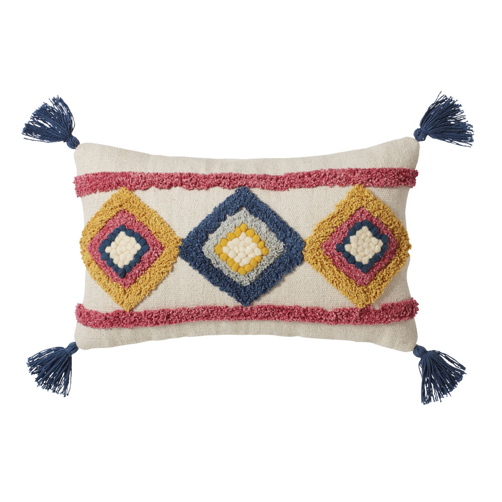Coussin écru motifs tuftés multicolores à pompons 30x50 Coussin écru motifs tuftés multicolores à pompons 30x50