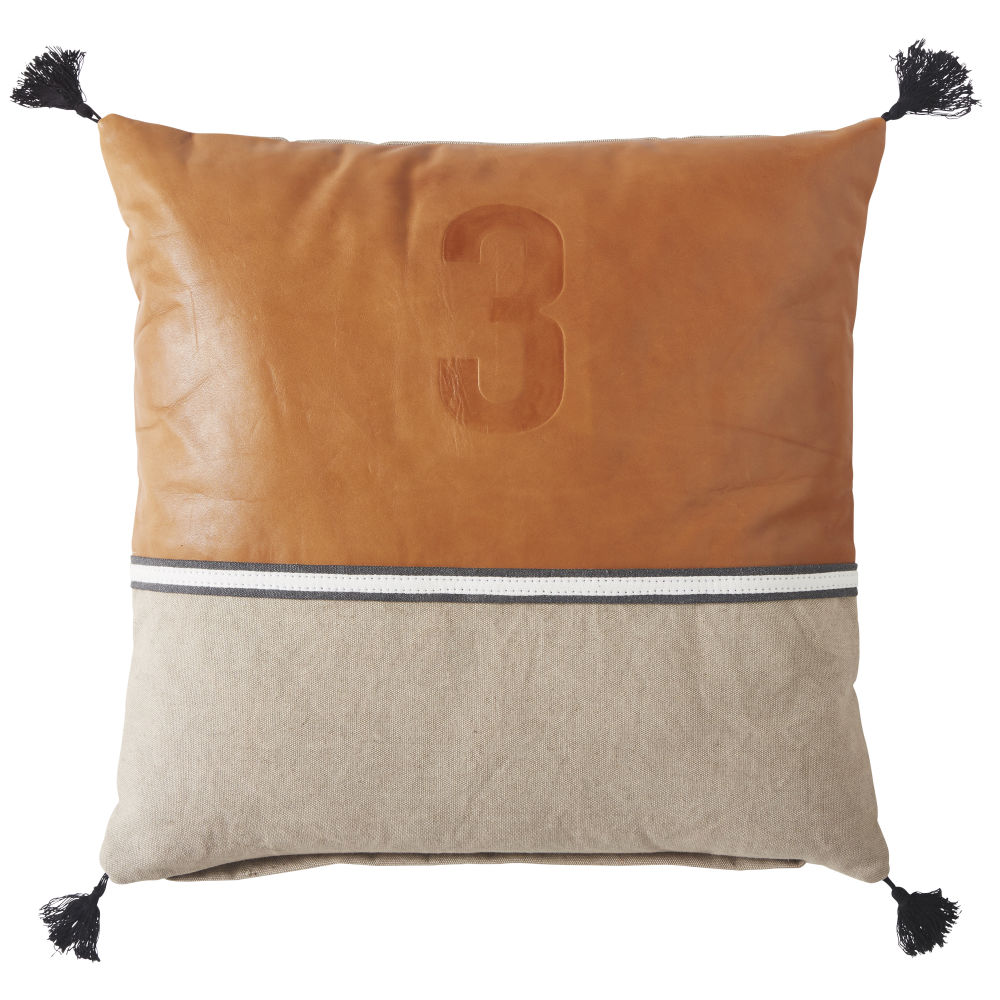 Coussin en coton beige et cuir marron 45x45 Coussin en coton beige et cuir marron 45x45