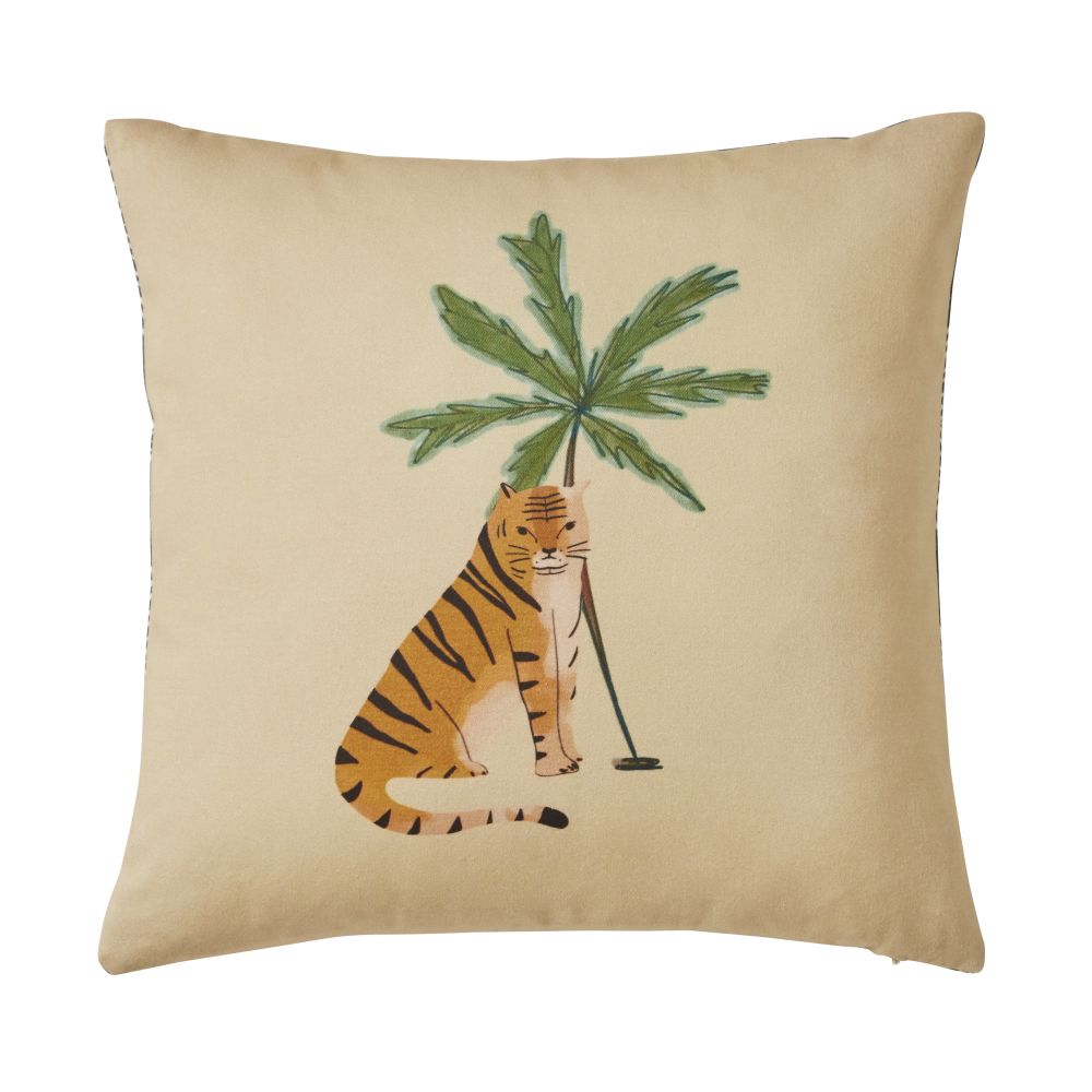 Coussin en coton beige imprimé tigre et palmier 40x40 (photo) Coussin en coton beige imprimé tigre et palmier 40x40