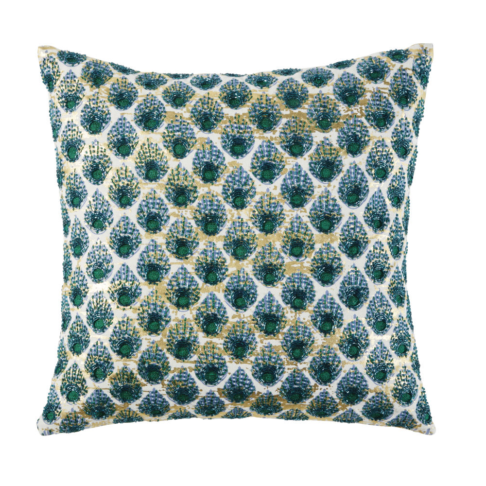 Coussin en coton beige motifs graphiques verts et dorés 45x45 Coussin en coton beige motifs graphiques verts et dorés 45x45