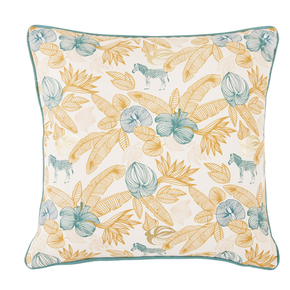 Coussin en coton bio jaune moutarde, doré et bleu canard imprimé 45x45 Coussin en coton bio jaune moutarde, doré et bleu canard imprimé 45x45