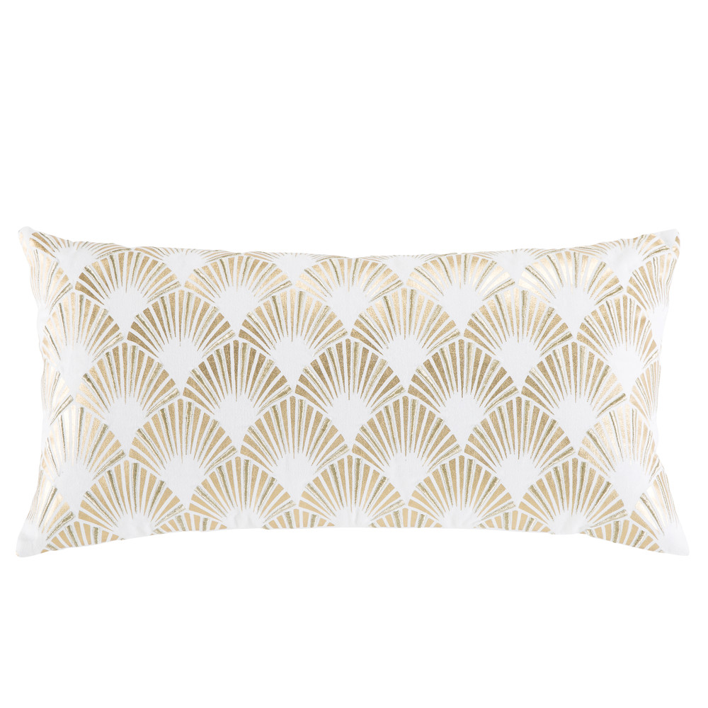 Coussin en coton blanc motifs graphiques dorés 30x60 (photo) Coussin en coton blanc motifs graphiques dorés 30x60