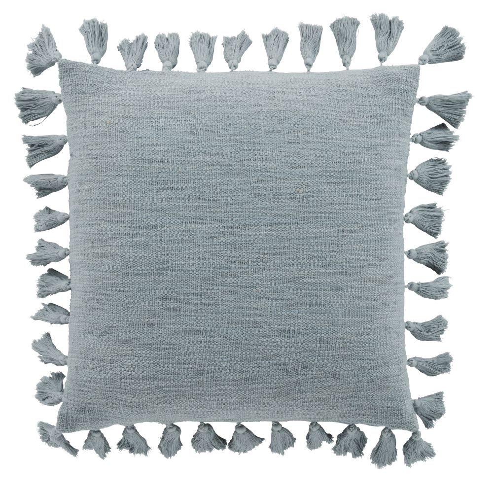 Coussin en coton bleu céladon avec pompons 50x50 Coussin en coton bleu céladon avec pompons 50x50