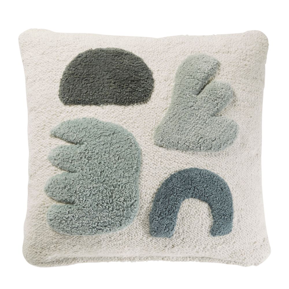 Coussin en coton écru avec formes tuftées vertes 45x45 Coussin en coton écru avec formes tuftées vertes 45x45