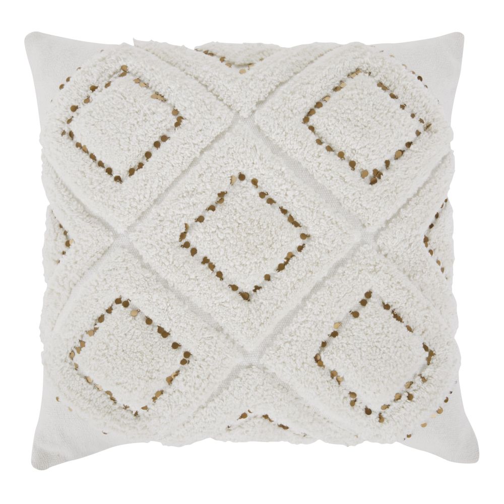 Coussin en coton écru avec losanges tuftés et sequins dorés 45x45