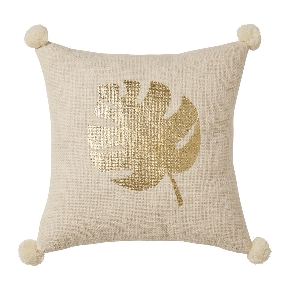 Coussin en coton écru imprimé monstera doré 40x40 (photo) Coussin en coton écru imprimé monstera doré 40x40