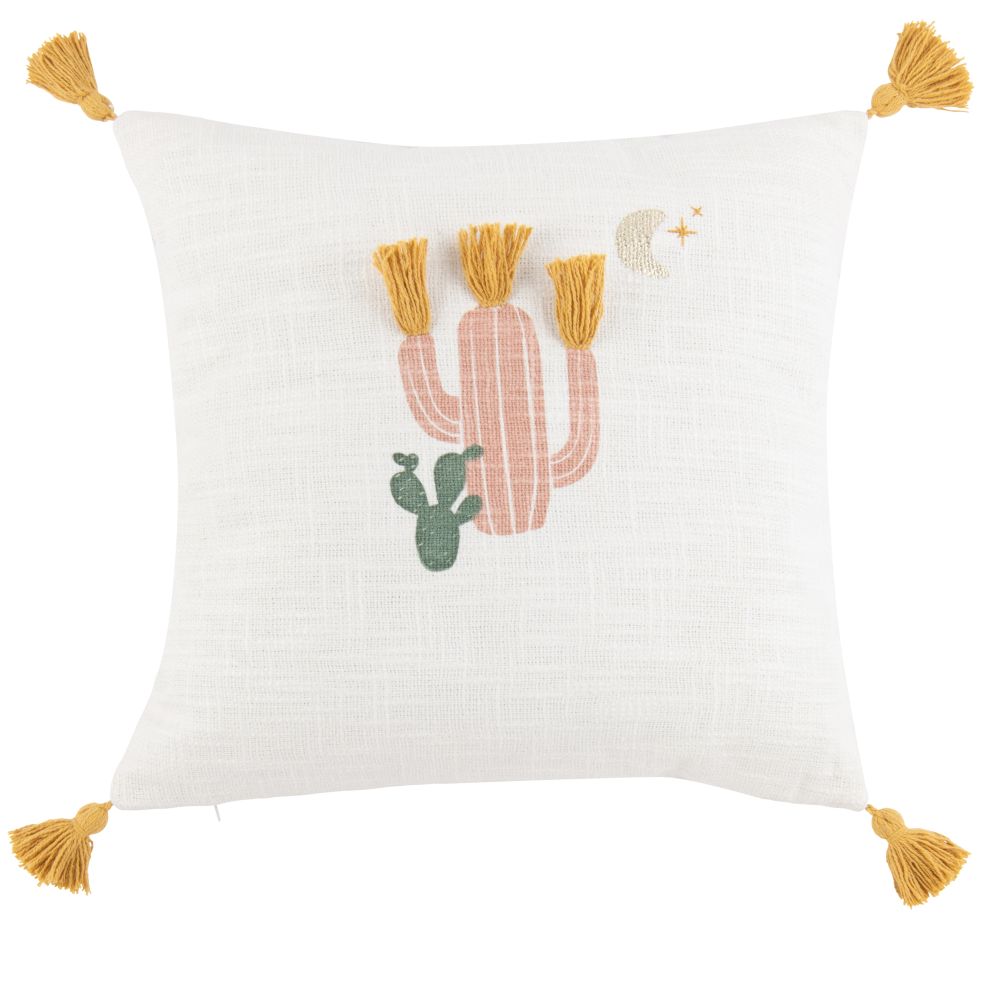 Coussin en coton imprimé cactus multicolore à pompons 40x40 (photo) Coussin en coton imprimé cactus multicolore à pompons 40x40