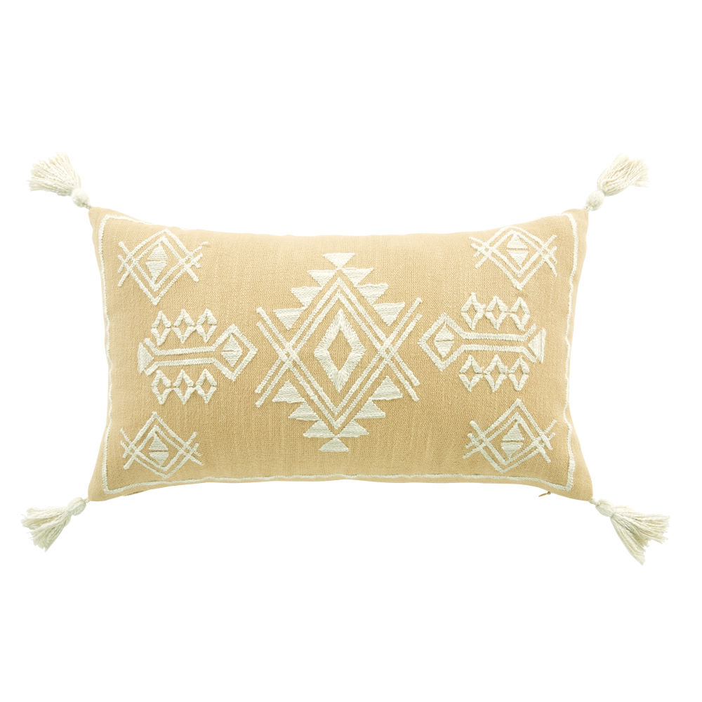 Coussin en coton jaune moutarde motifs brodés écrus 30x50 Coussin en coton jaune moutarde motifs brodés écrus 30x50