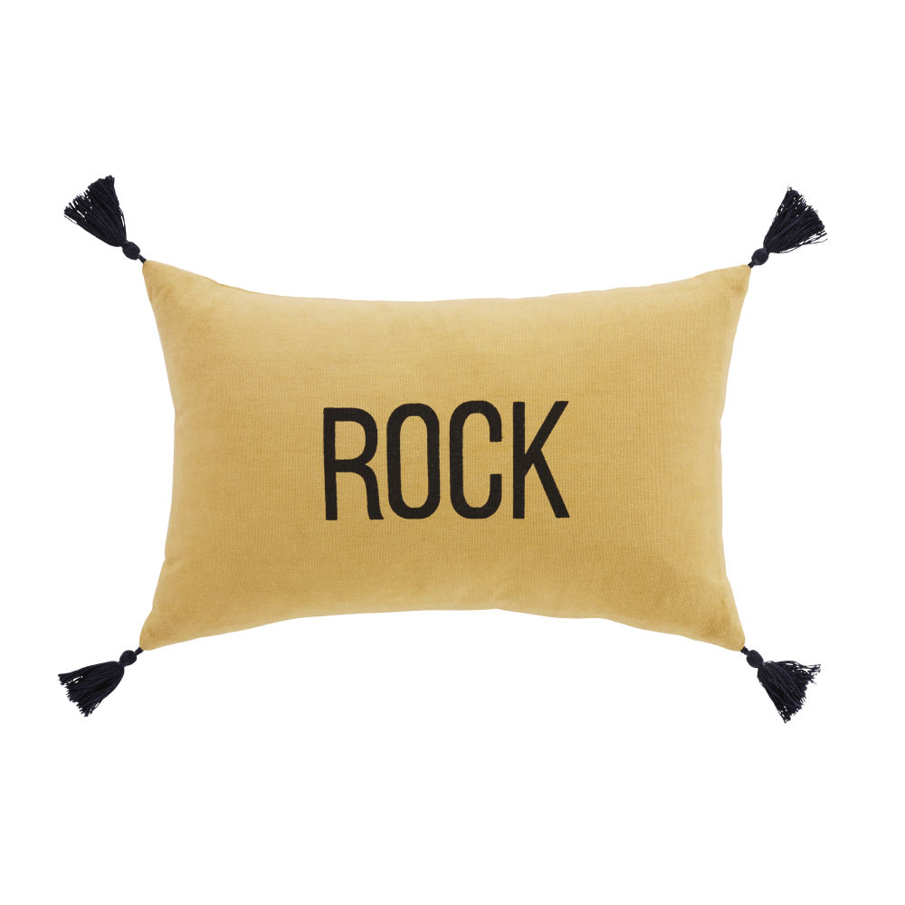 Coussin en coton lavé jaune moutarde et noir imprimé à pompons 25x40 (photo) Coussin en coton lavé jaune moutarde et noir imprimé à pompons 25x40