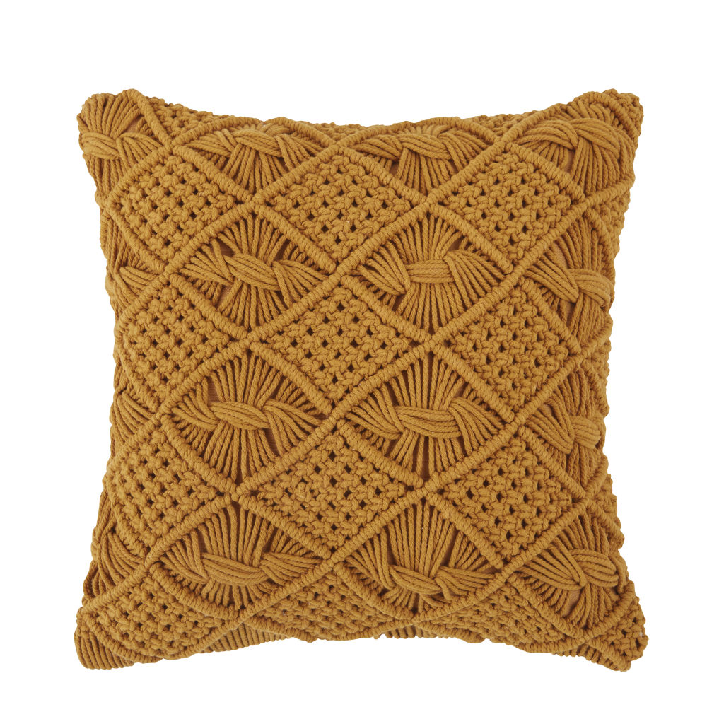 Coussin en coton macramé jaune 45x45