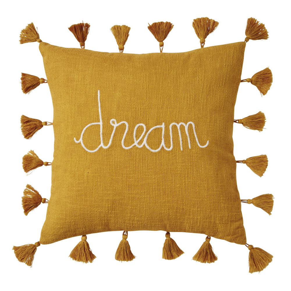 Coussin en coton mot brodé à pompons 40x40 (photo) Coussin en coton mot brodé à pompons 40x40