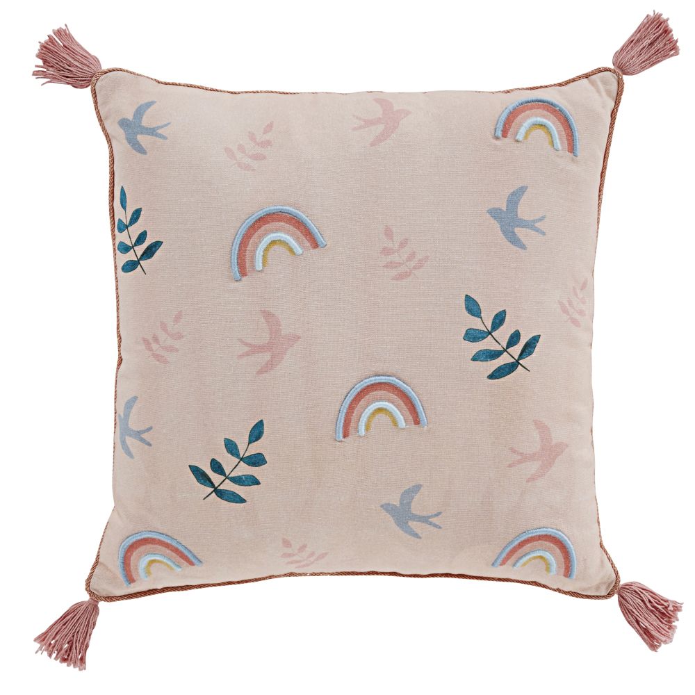 Coussin en coton multicolore imprimé à pompons 40x40 (photo) Coussin en coton multicolore imprimé à pompons 40x40
