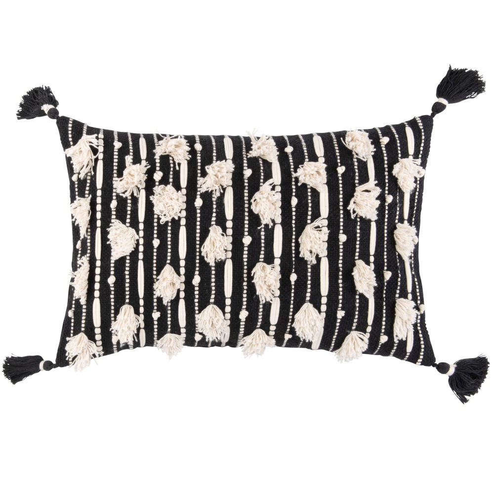 Coussin en coton noir et blanc à pompons 40x60 (photo) Coussin en coton noir et blanc à pompons 40x60