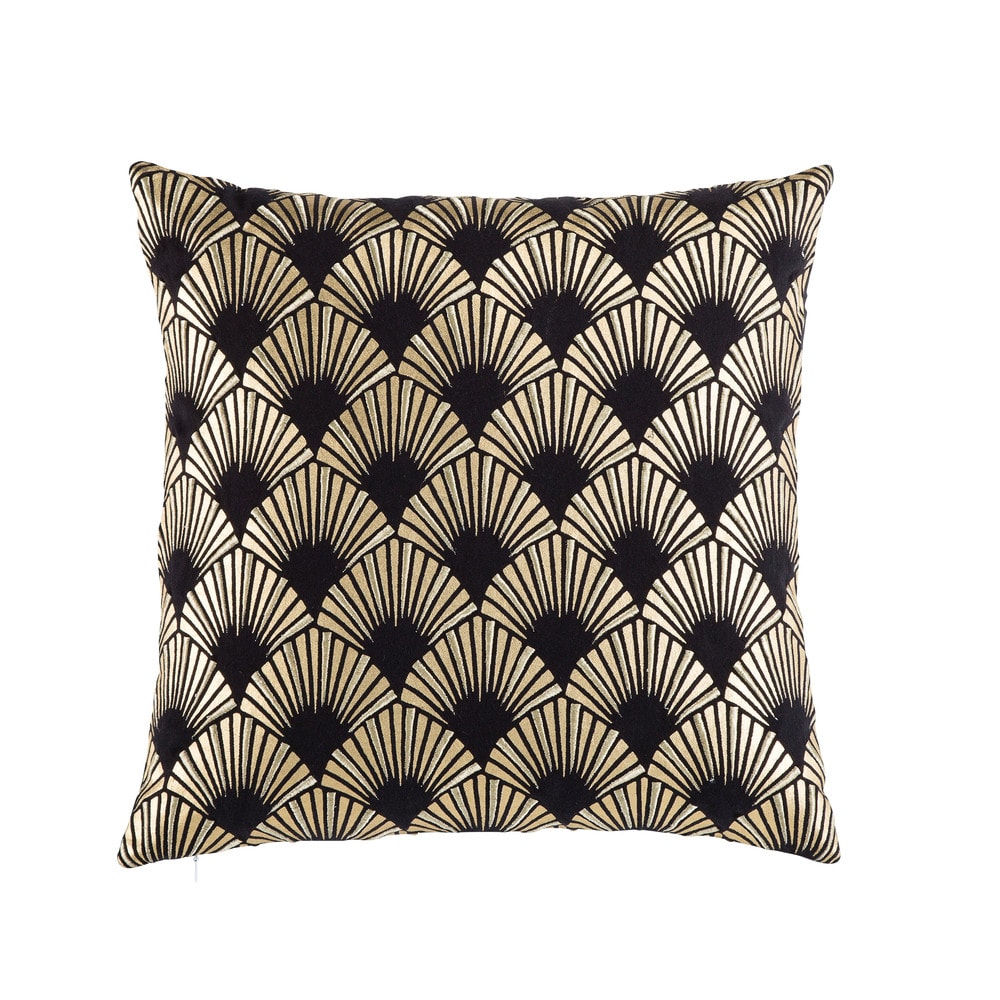 Coussin en coton noir motifs graphiques dorés 45x45 (photo) Coussin en coton noir motifs graphiques dorés 45x45