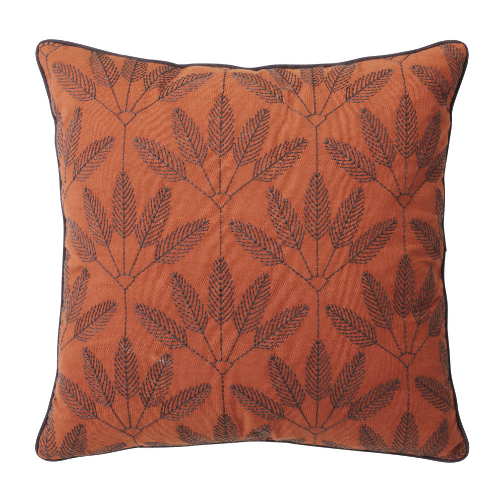 Coussin en coton orange motifs brodés gris anthracite 45x45 (photo) Coussin en coton orange motifs brodés gris anthracite 45x45