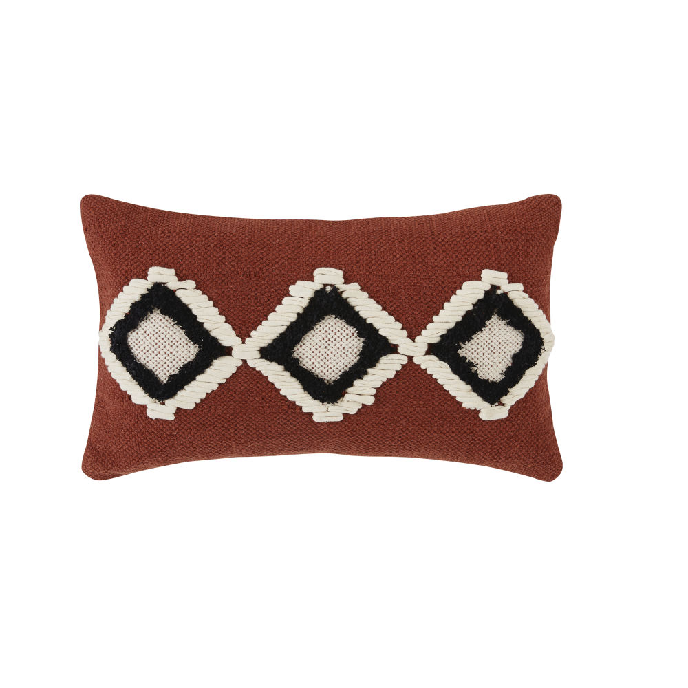Coussin en coton recyclé brodé terracotta, écru et noir 30x50