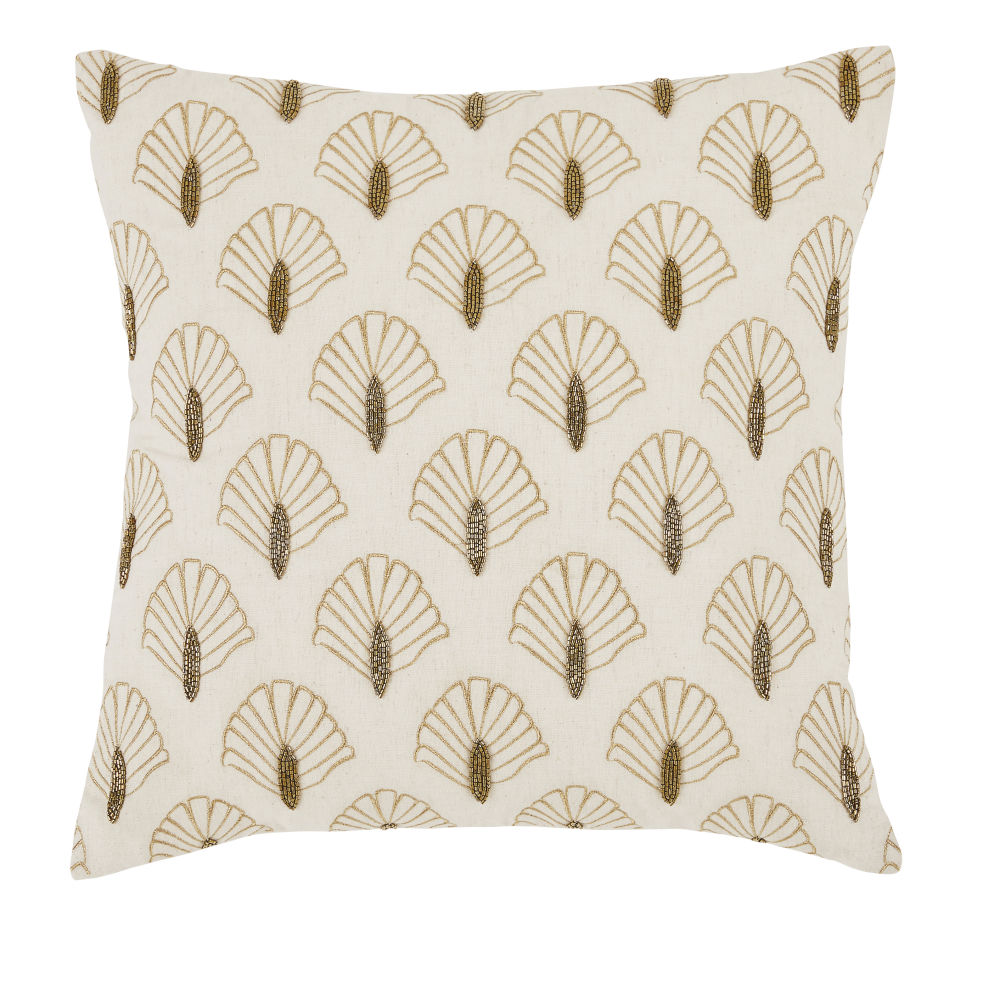 Coussin en coton recyclé et lin chiné motifs brodés dorés 45x45