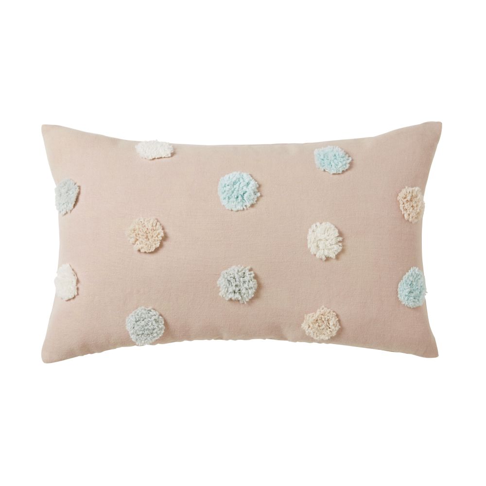 Coussin en coton rose à pompons multicolores 25x45 (photo) Coussin en coton rose à pompons multicolores 25x45