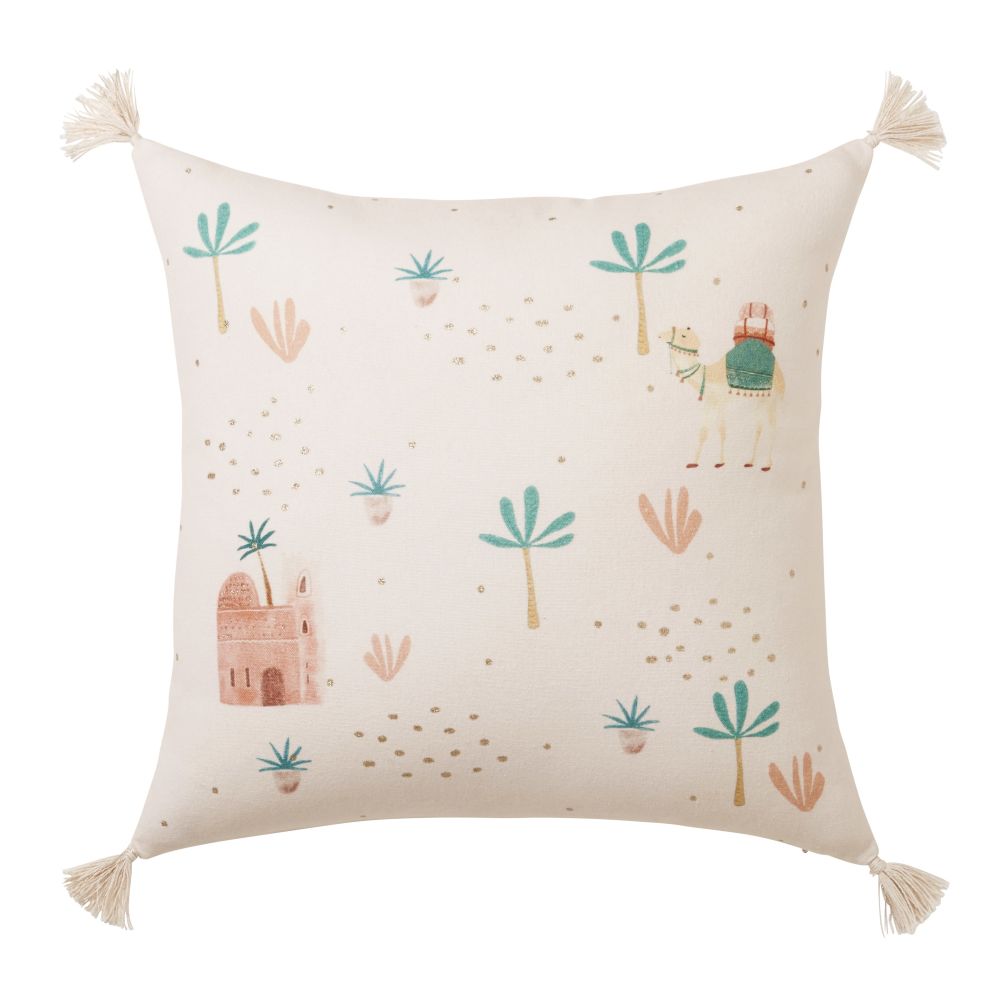 Coussin en coton rose imprimé à pompons 40x40 (photo) Coussin en coton rose imprimé à pompons 40x40