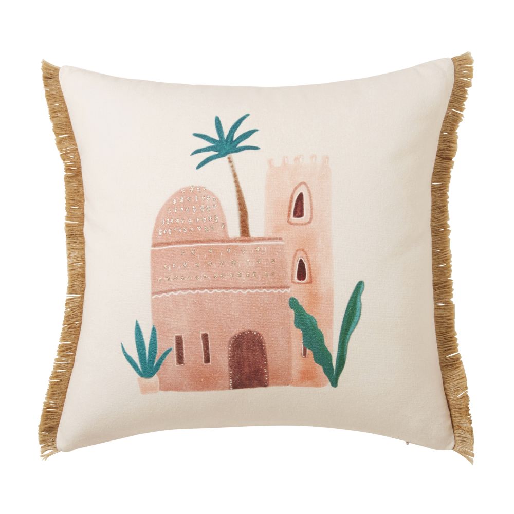 Coussin en coton rose imprimé et jute doré 40x40 (photo) Coussin en coton rose imprimé et jute doré 40x40
