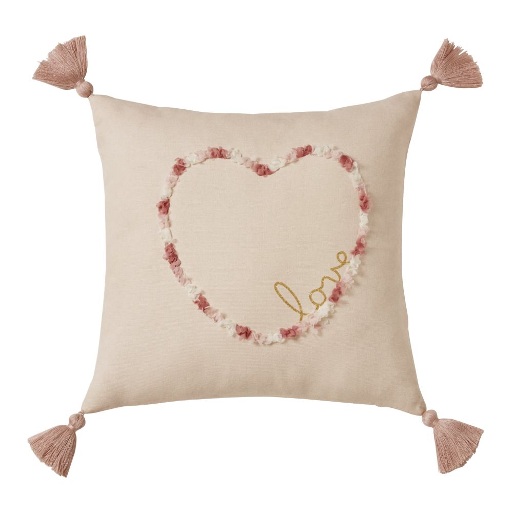 Coussin en coton rose motif cœur 35x35 (photo) Coussin en coton rose motif cœur 35x35