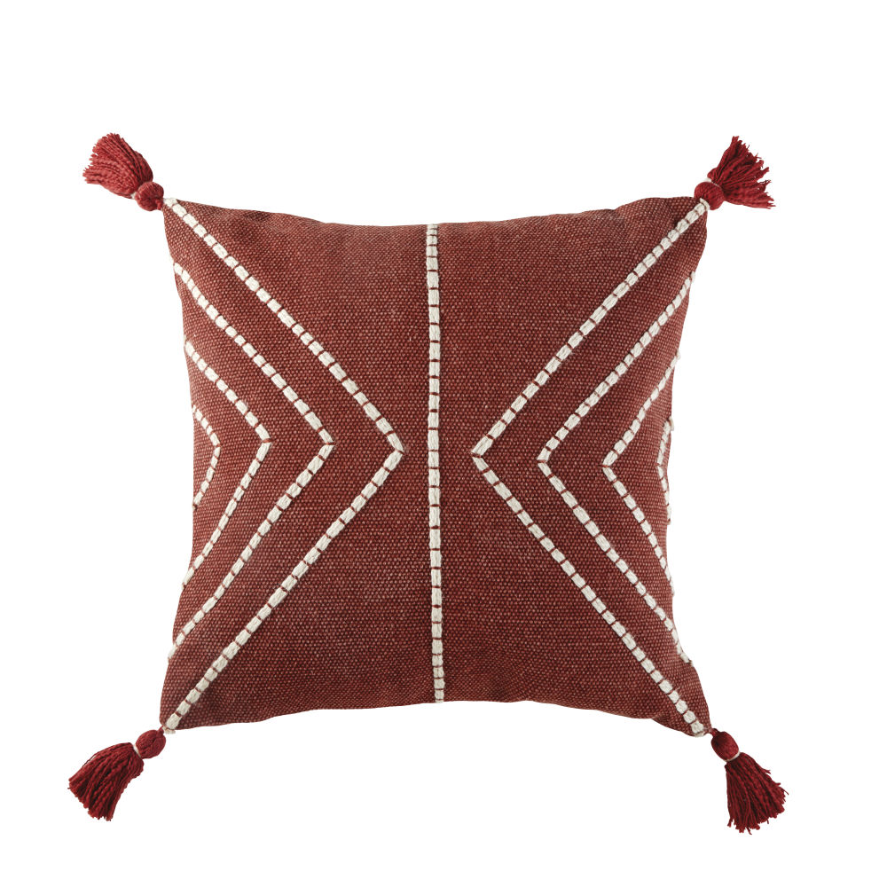 Coussin en coton rouge et écru avec pompons 45x45