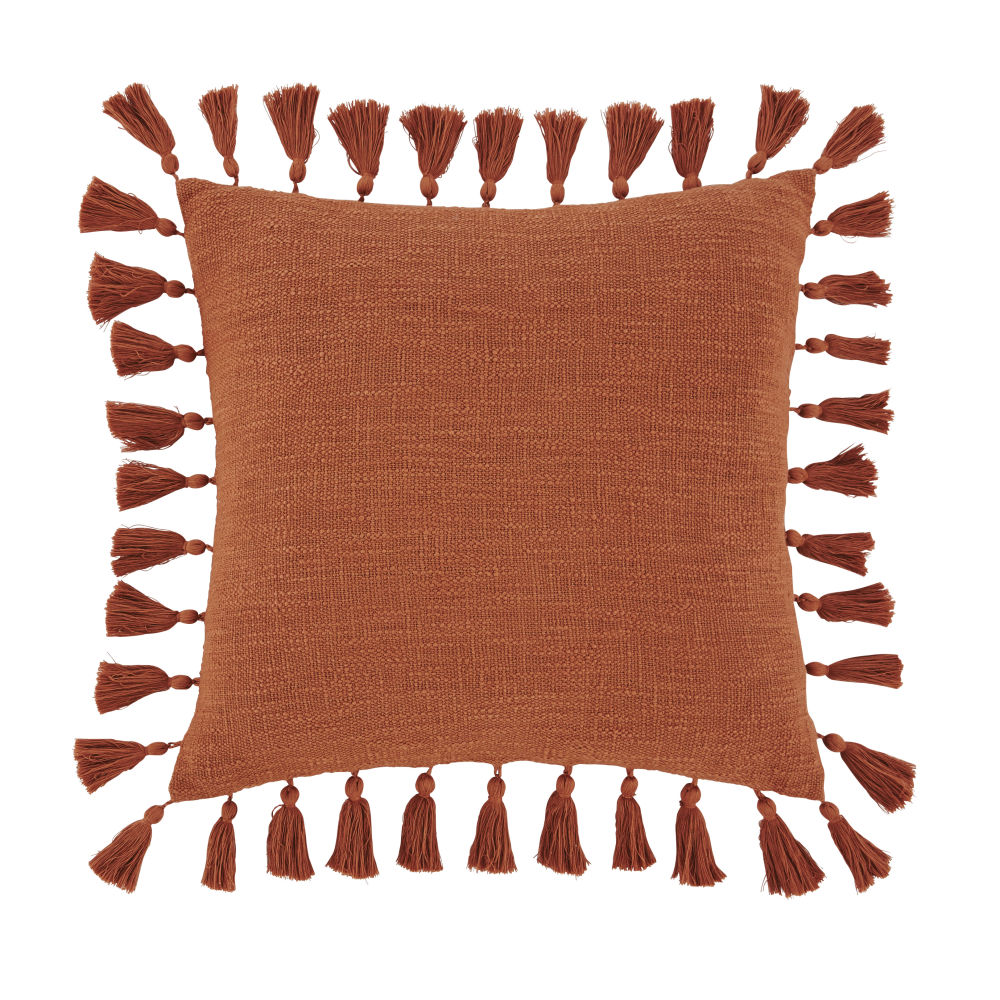 Coussin en coton terracotta avec pompons 50x50