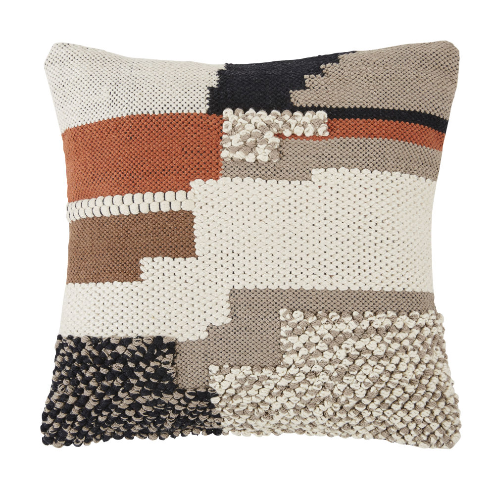 Coussin en coton tissé et brodé terracotta, écru et noir 45x45