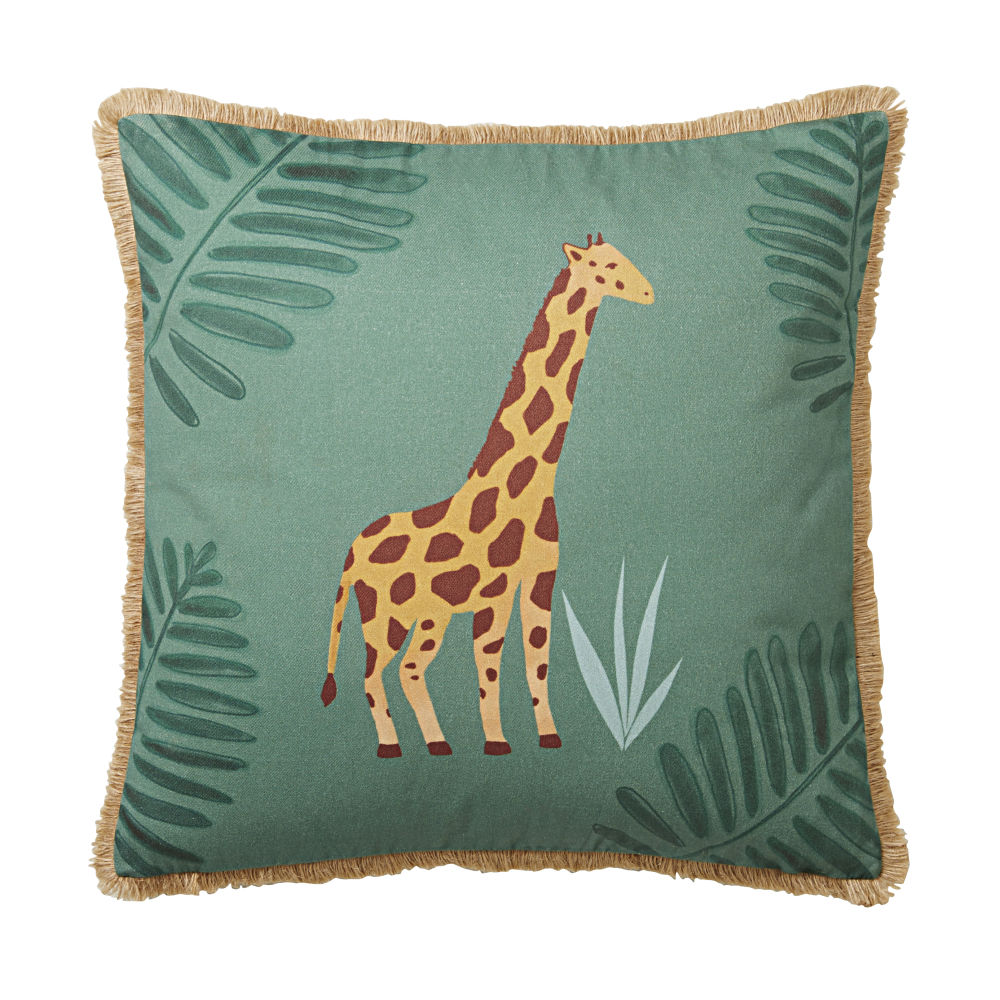 Coussin en coton vert imprimé girafe et jute 40x40 (photo) Coussin en coton vert imprimé girafe et jute 40x40