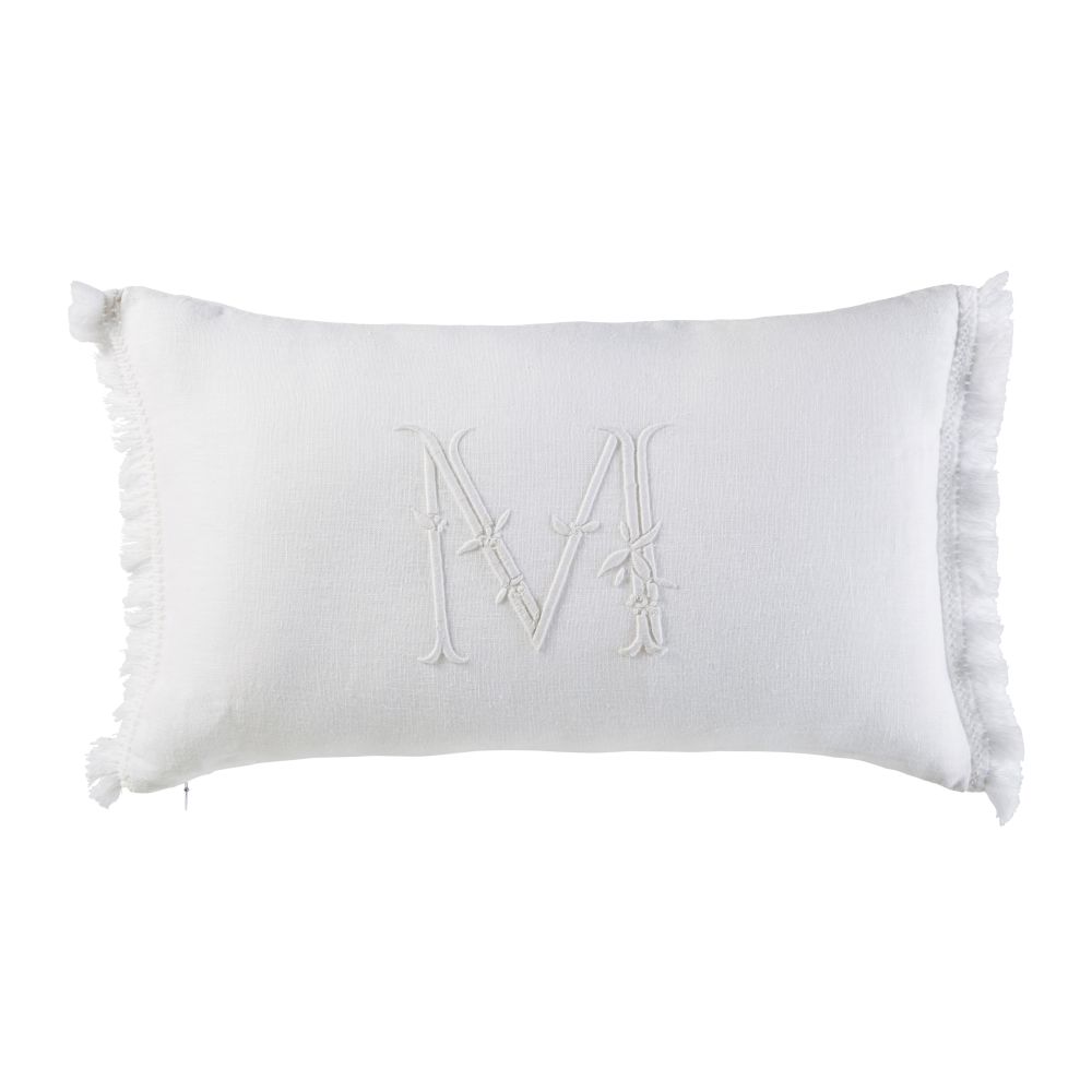 Coussin en lin blanc lettre brodée à franges 30x50 Coussin en lin blanc lettre brodée à franges 30x50