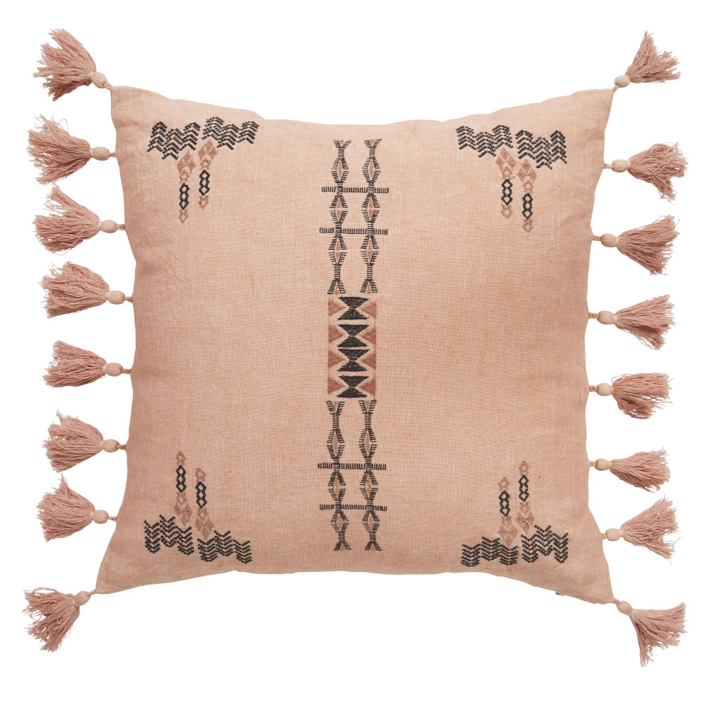 Coussin en lin corail et broderies gris anthracite 45x45 Coussin en lin corail et broderies gris anthracite 45x45