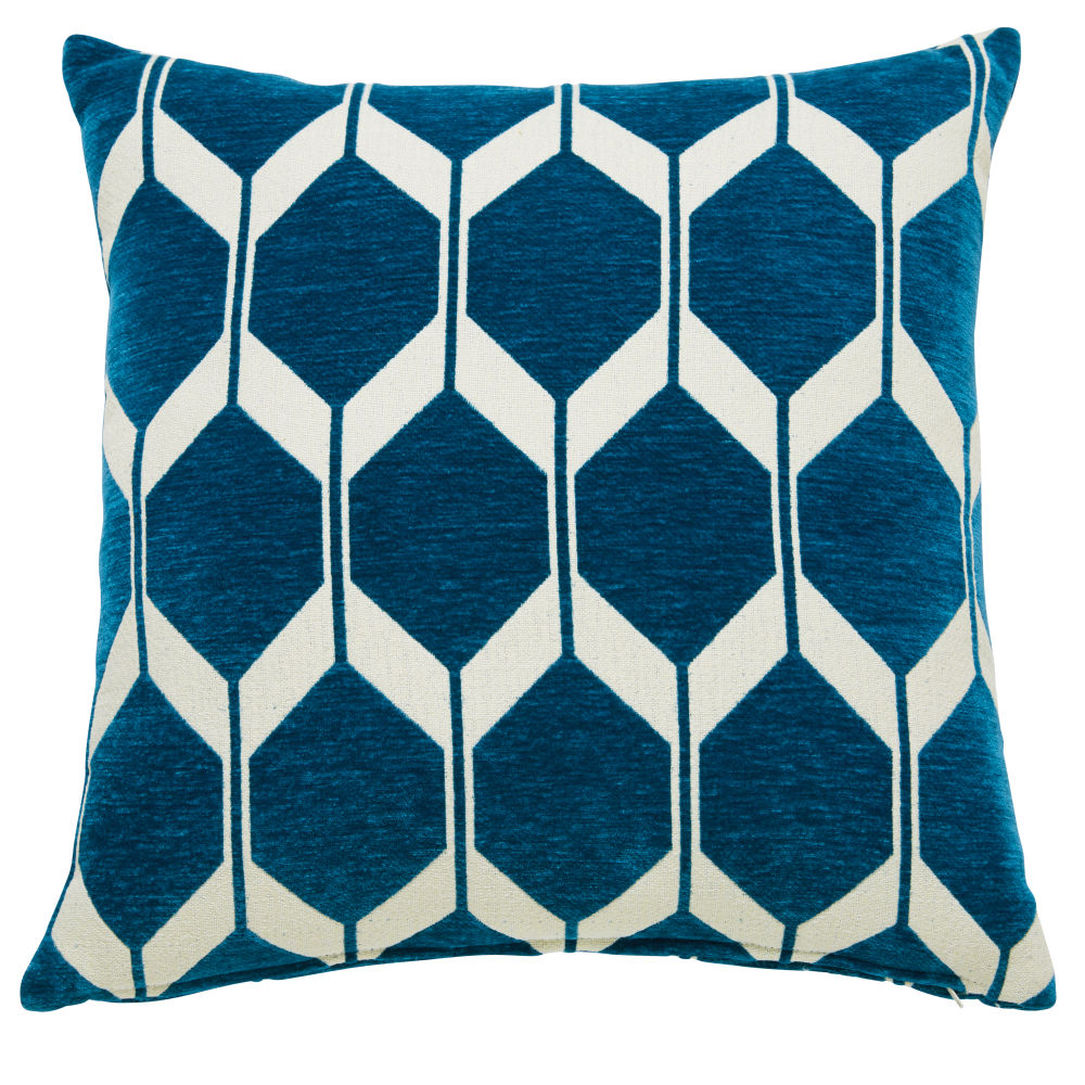 Coussin en velours bleu canard motifs jacquard 60x60 Coussin en velours bleu canard motifs jacquard 60x60