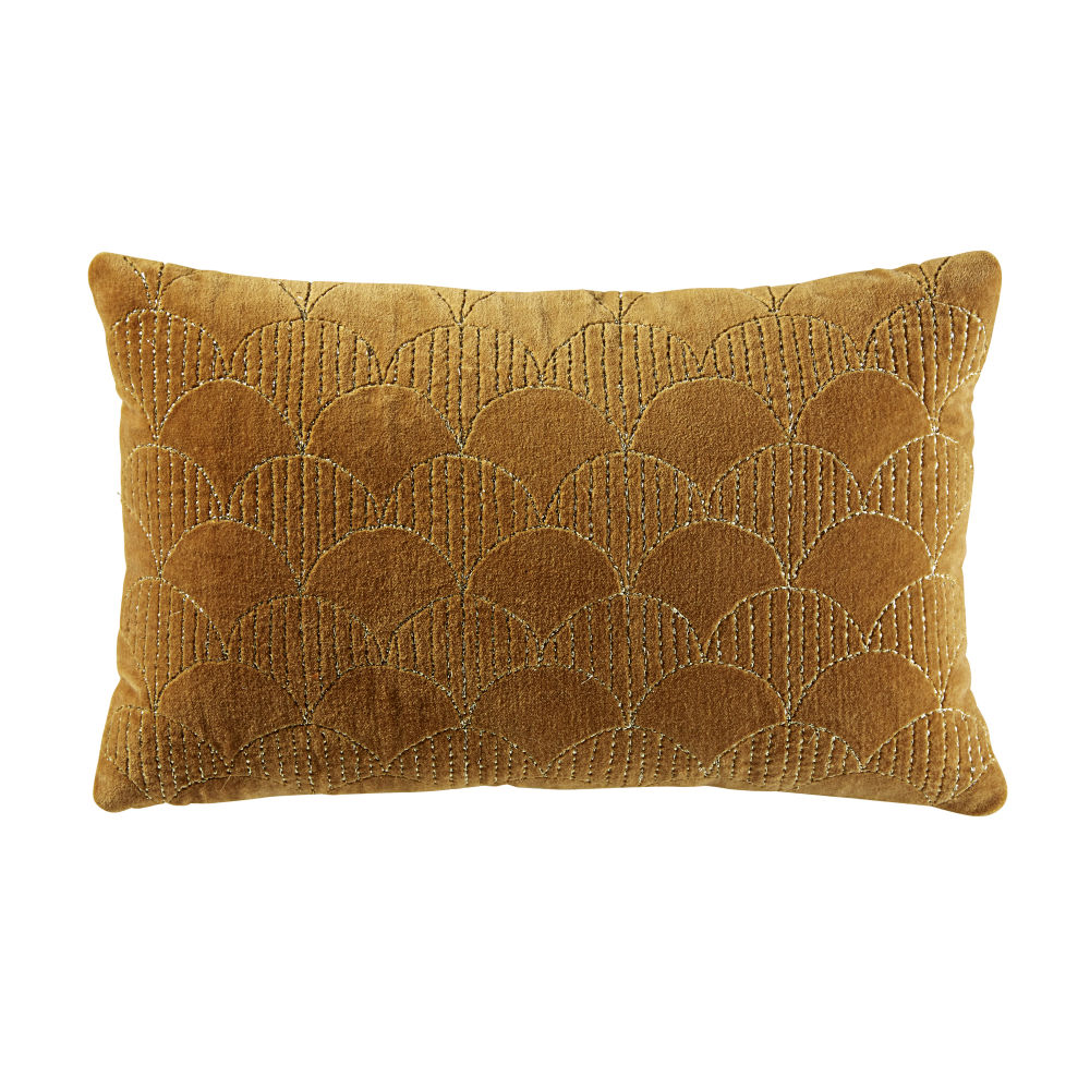 Coussin en velours jaune moutarde motifs graphiques dorés 25x40 Coussin en velours jaune moutarde motifs graphiques dorés 25x40