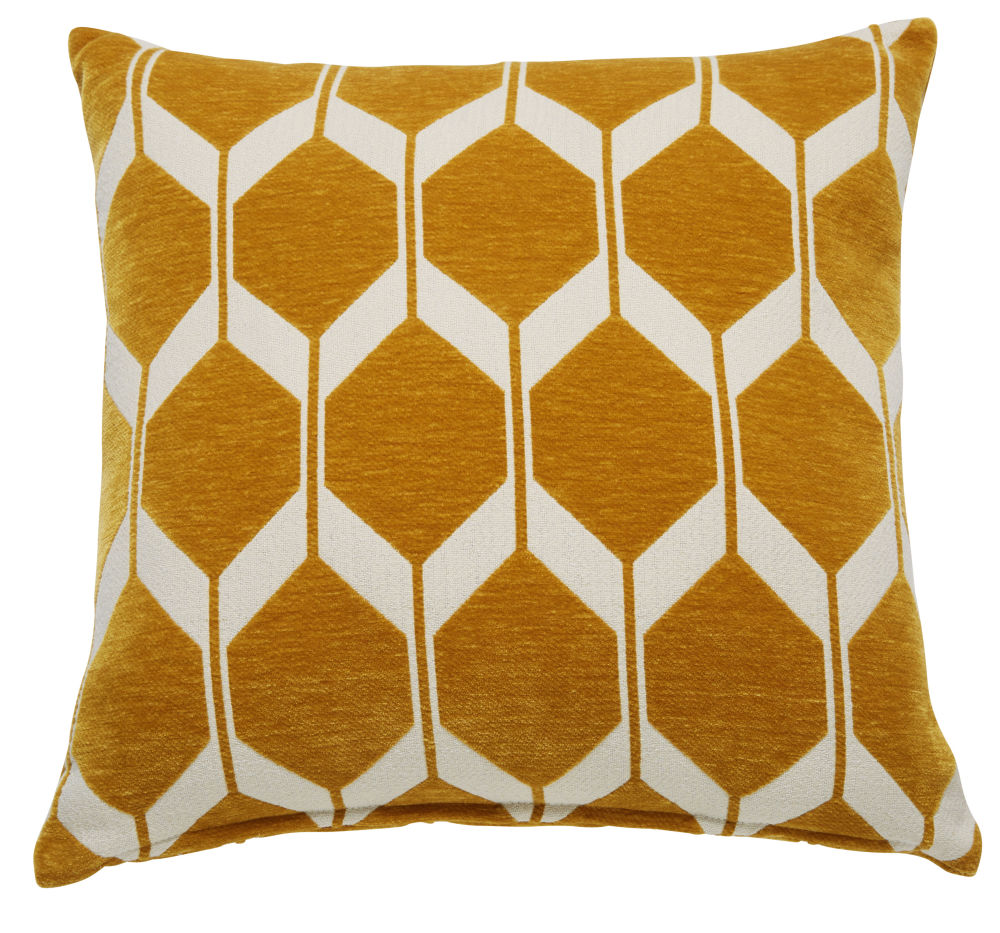 Coussin en velours jaune moutarde motifs jacquard 60x60 (photo) Coussin en velours jaune moutarde motifs jacquard 60x60