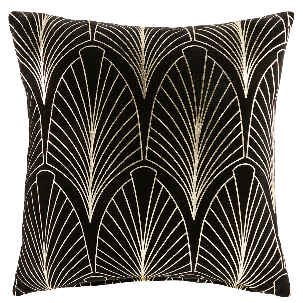 Coussin en velours noir motifs graphiques dorés 45x45 (photo) Coussin en velours noir motifs graphiques dorés 45x45