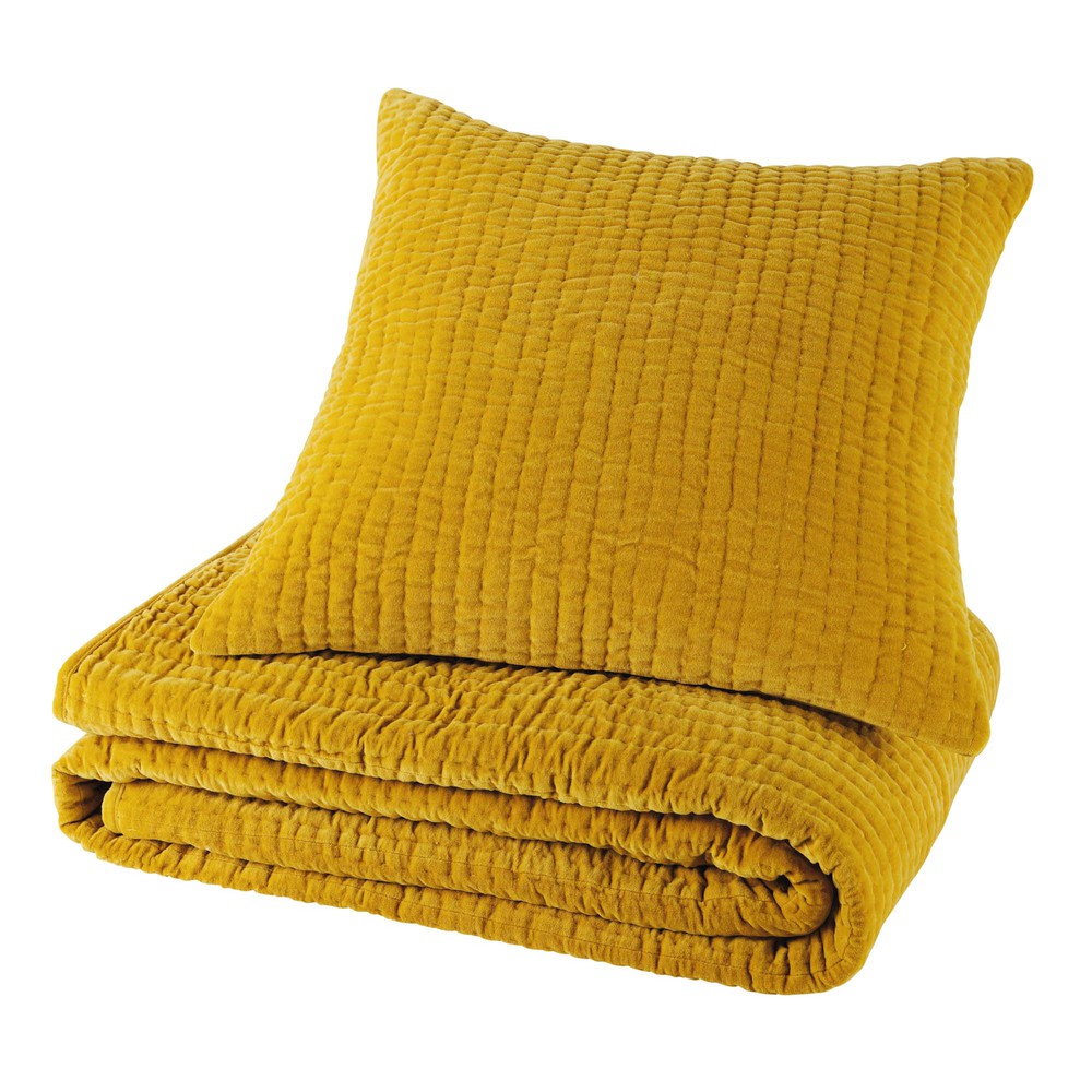 Coussin en velours piqué jaune moutarde 60 x 60 cm Coussin en velours piqué jaune moutarde 60 x 60 cm