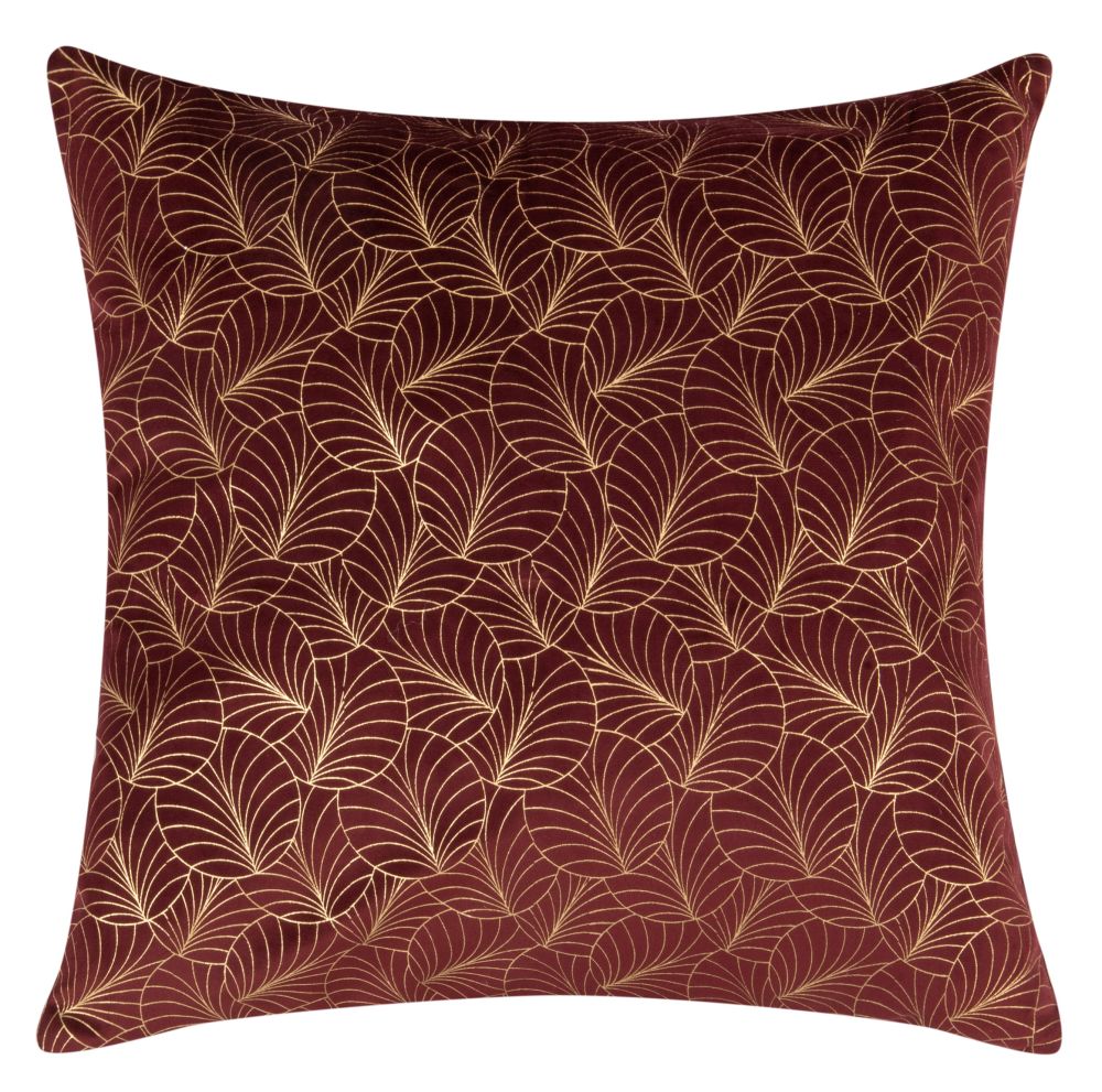 Coussin en velours rouge motifs feuilles dorées 45x45