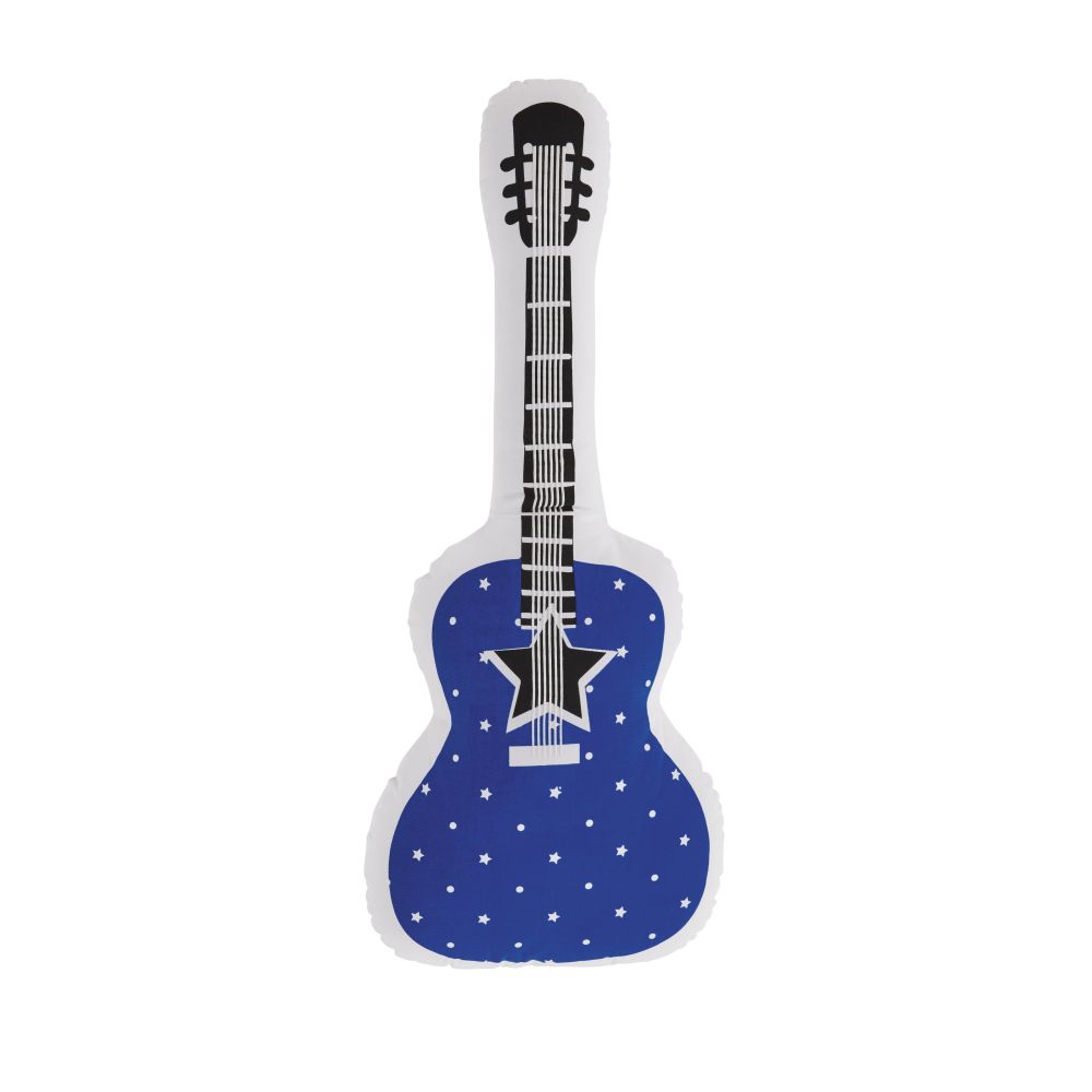 Coussin guitare en coton bio bleu, blanc et noir imprimé 22x52
