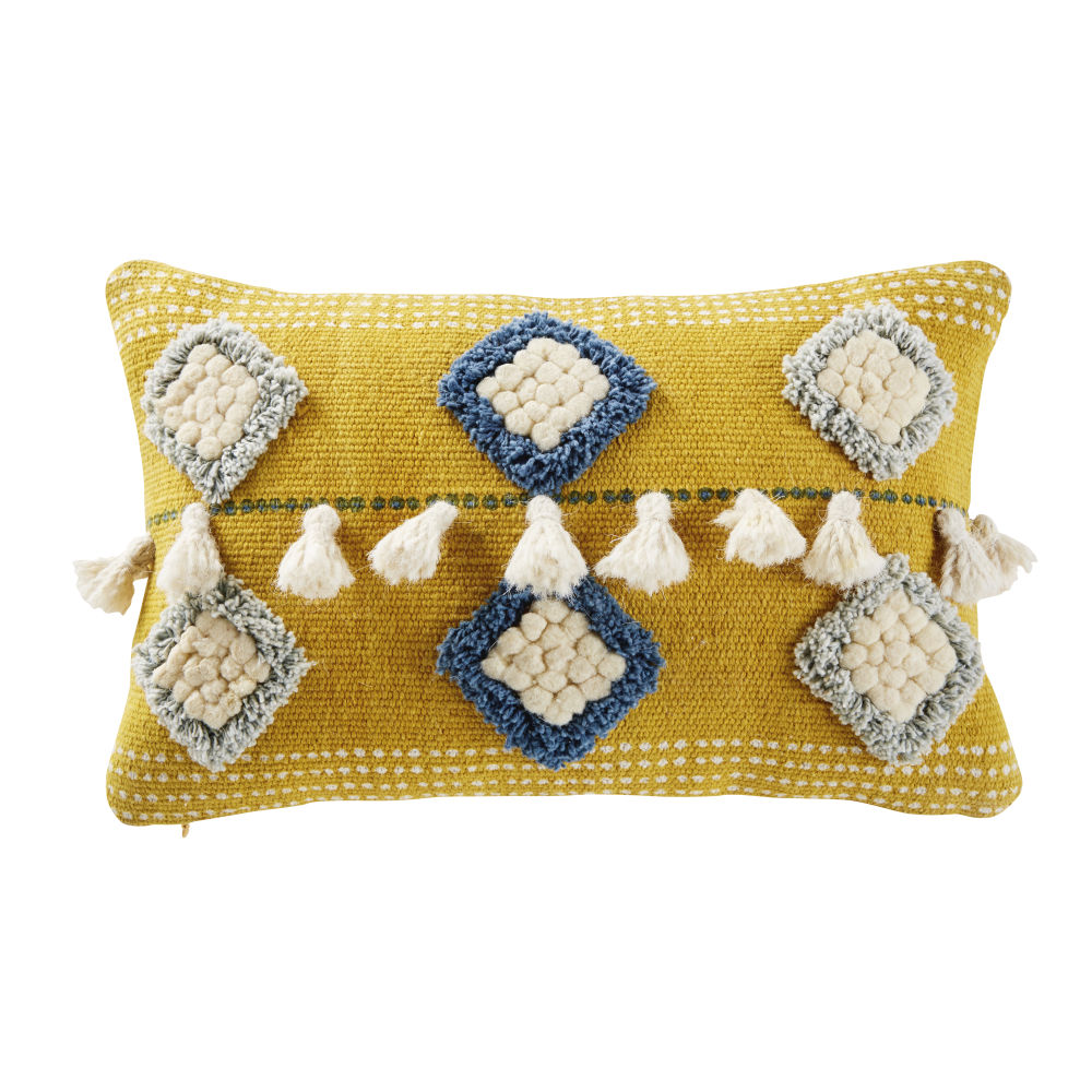 Coussin jaune motifs tuftés bleus et écrus à pompons 25x40 Coussin jaune motifs tuftés bleus et écrus à pompons 25x40
