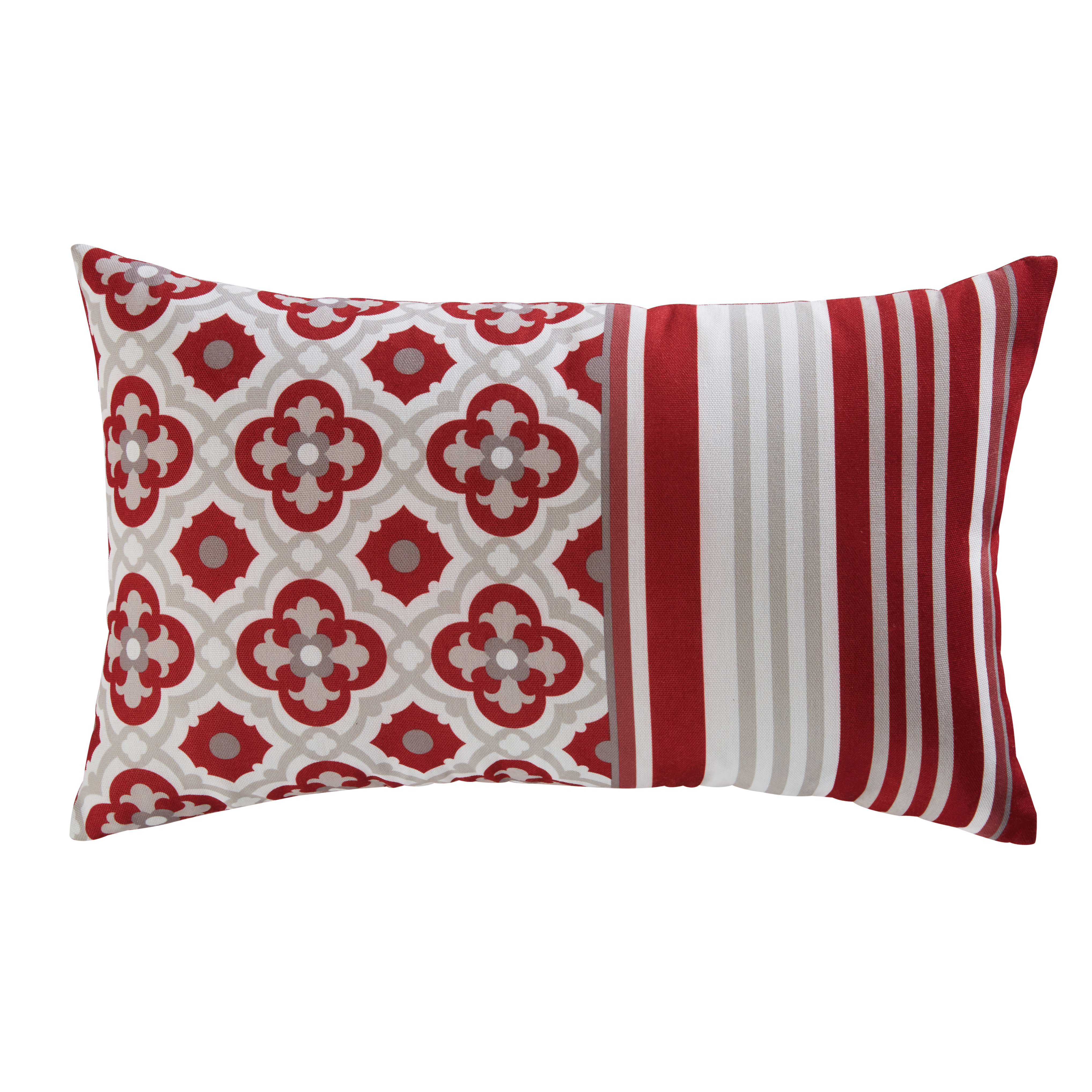 Coussin motifs graphiques rouges, écrus et gris 30x50