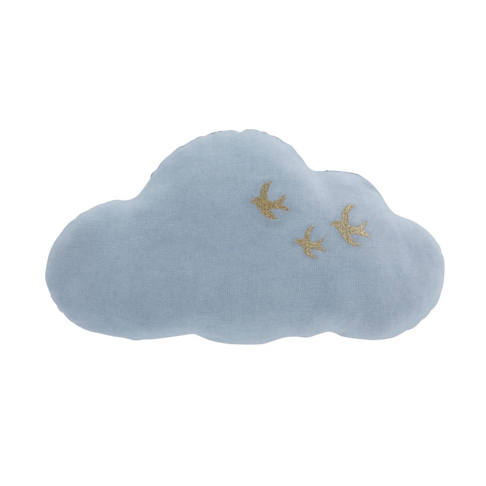 Coussin nuage en coton bleu broderies hirondelles dorées 35x20