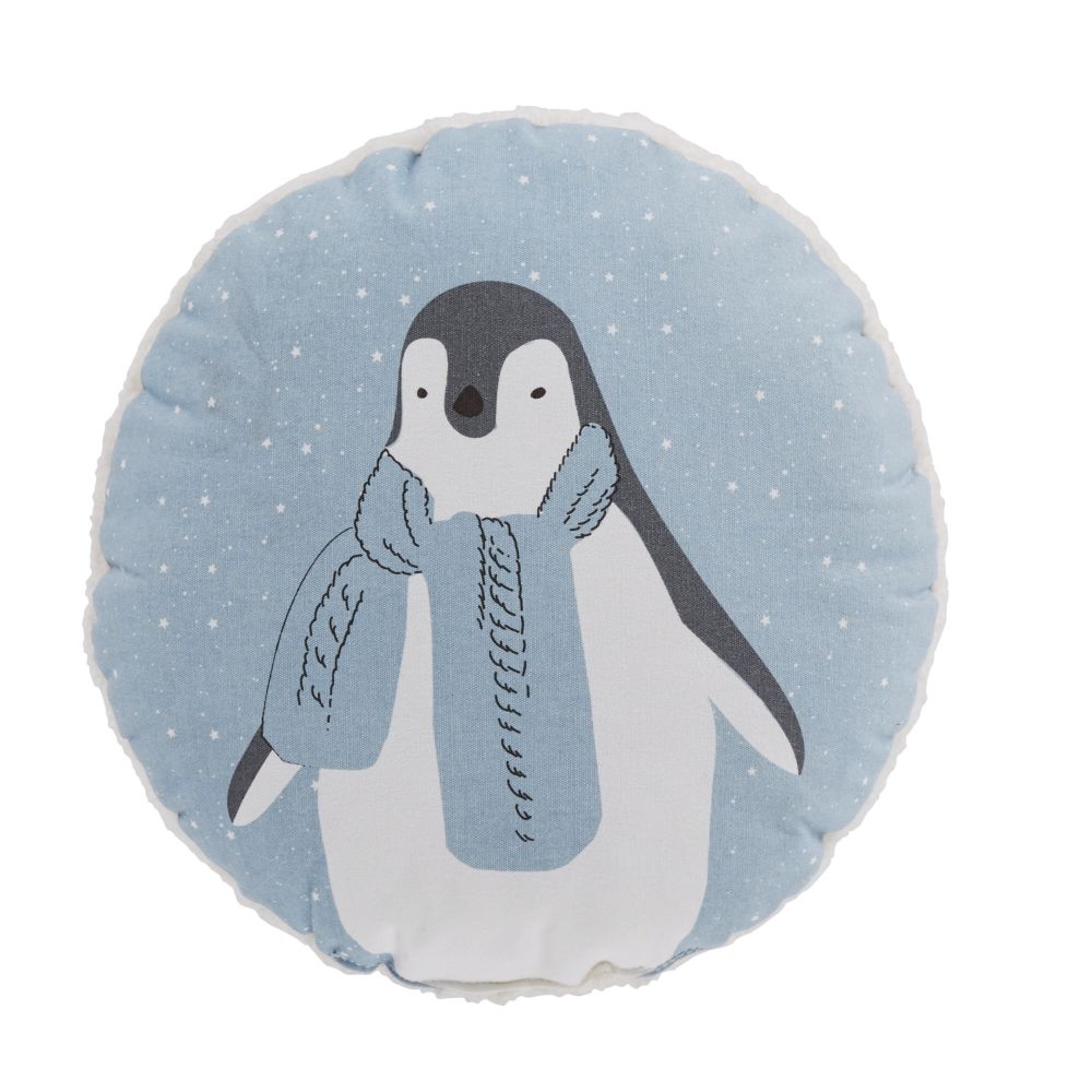 Coussin rond bleu, gris et blanc imprimé pingouin D30
