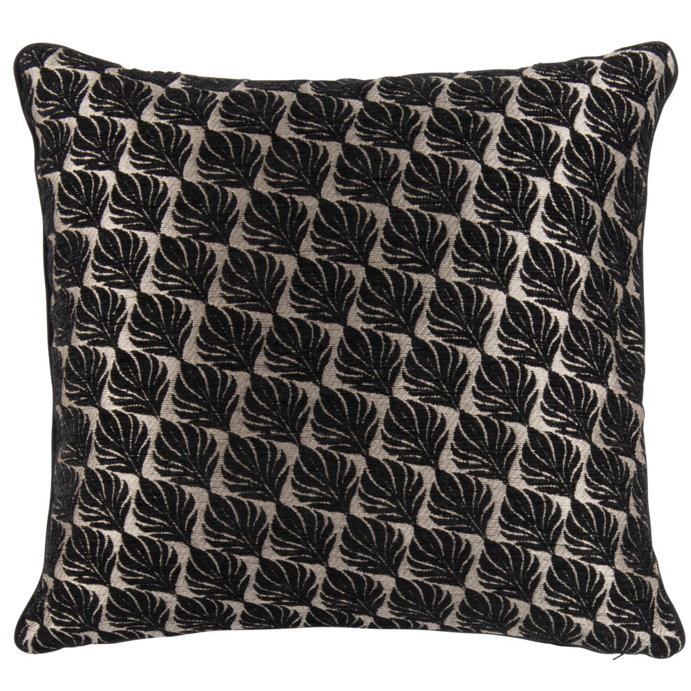 Coussin tissé jacquard chenille à imprimé feuillage noir et doré 44x44 Coussin tissé jacquard chenille à imprimé feuillage noir et doré 44x44