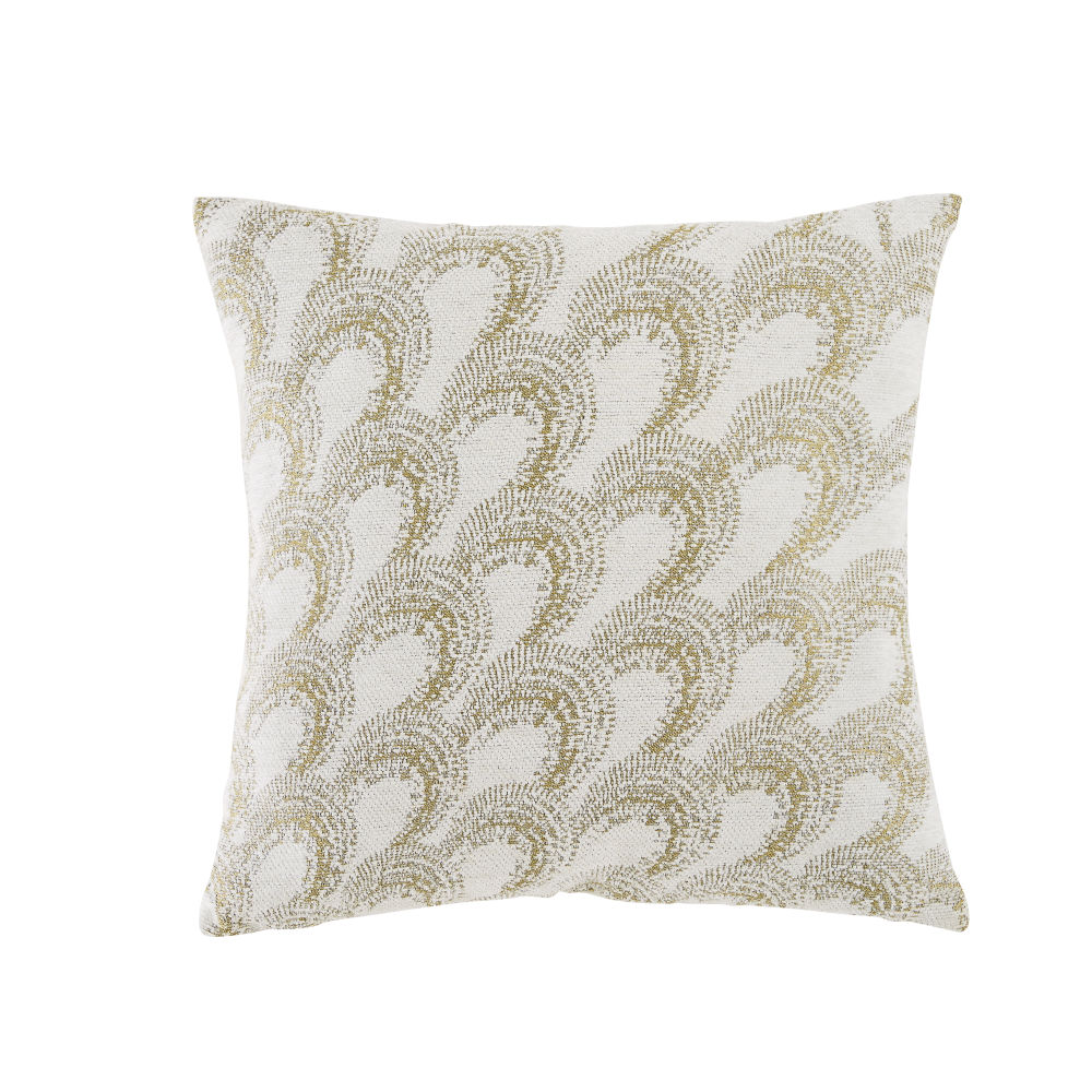 Coussin tissé jacquard chenille beige broderies dorées 45x45 Coussin tissé jacquard chenille beige broderies dorées 45x45